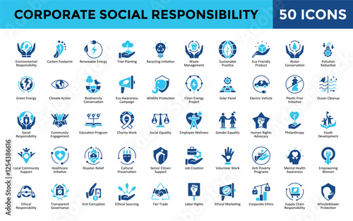 Corporate Social Responsibility icons set with environmental responsibility, carbon footprint, renewable energy, tree planting, recycling initiative, waste management icon. Simple flat vector 
