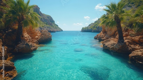 Serene coastal view with palm trees framing a turquoise bay and rocky cliffs under a clear sky photo