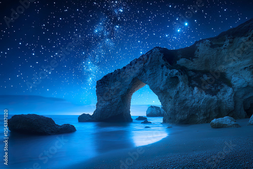 A beautiful natural scenery with many beautiful stars floating in the night sky and arch-shaped rocks on the sandy beach.