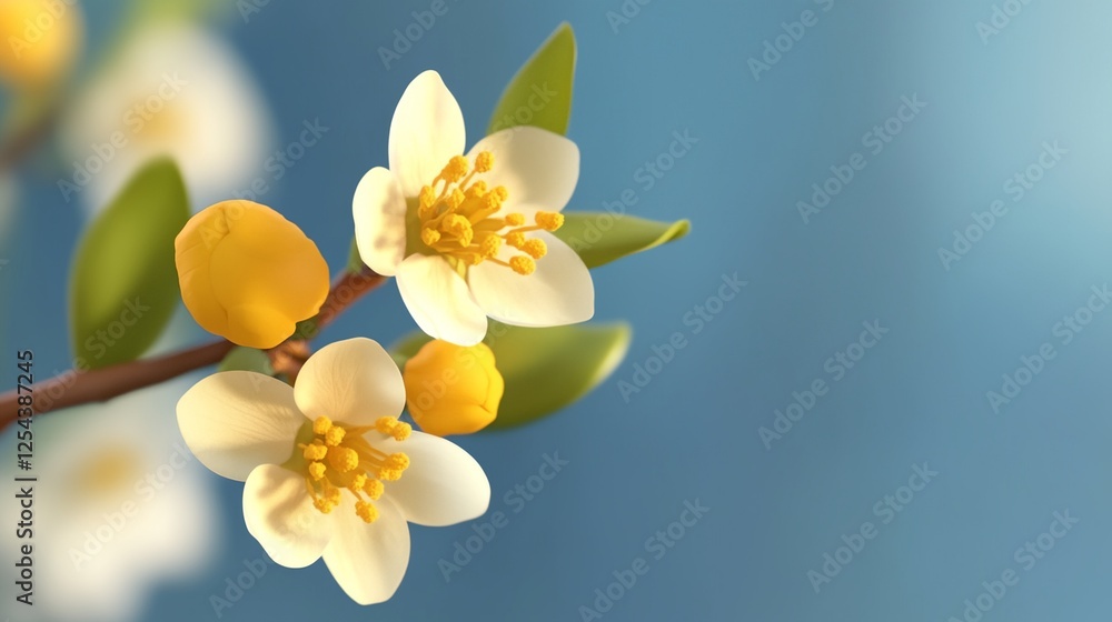 Obraz premium a branch with yellow and white flowers on it and a blue sky background