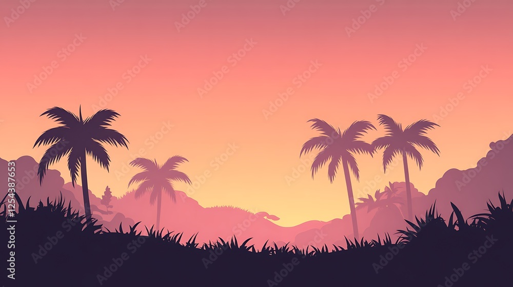 Silhouetted Palm Trees at Sunset Over Rolling Hills Silhouetted Palm Trees at Sunset Over Rolling Hills