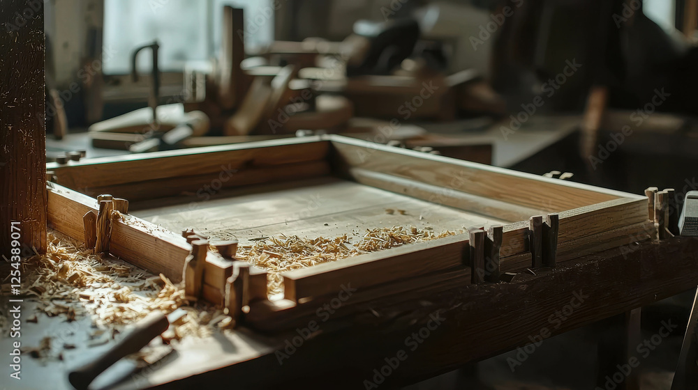 Artisanal Wooden Frame Being Crafted in a Workshop with Sawdust and Tools in Background
