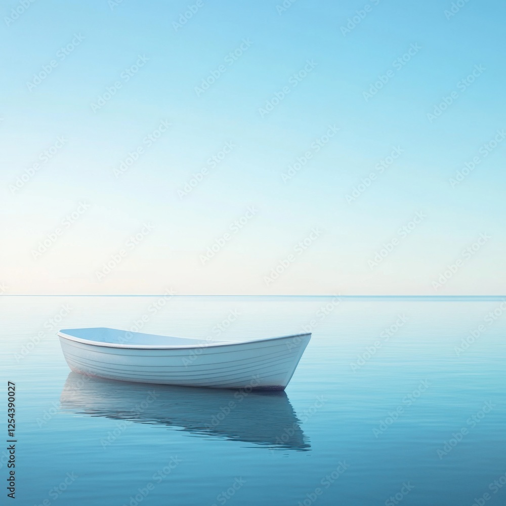 Naklejka premium Serene Solitude: A Small White Boat on a Calm Sea