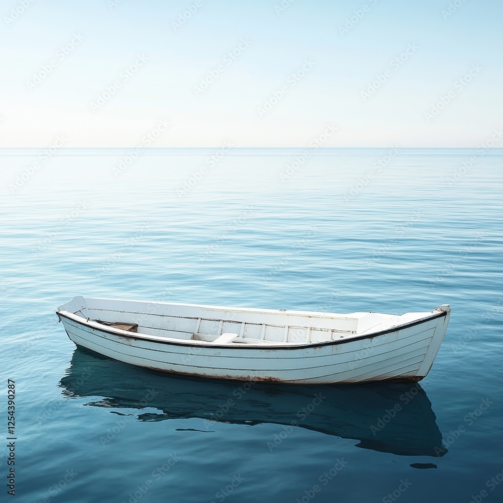 Naklejka premium Solitude on the Calm Sea: A lone white rowboat floats serenely on a tranquil ocean, reflecting the peaceful sky.