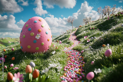 Surreal easter egg made of flowers in a dreamy landscape
