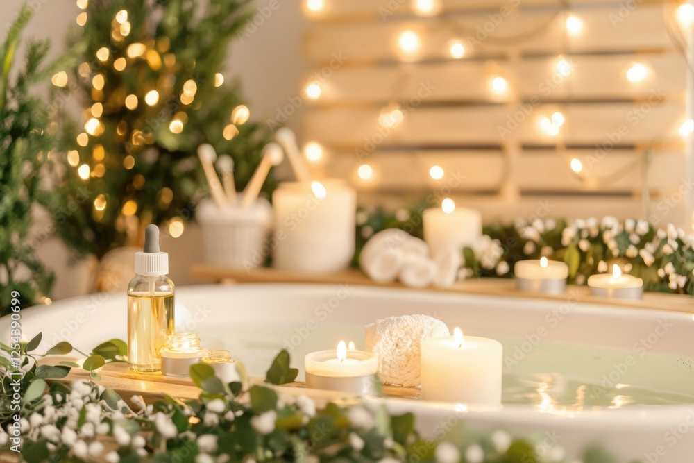 Serene bathroom setting with candles and greenery, creating a relaxing atmosphere for self-care Serene bathroom setting with candles and greenery, creating a relaxing atmosphere for self-care