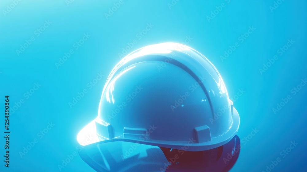 Fototapeta premium White hard hat, safety, blue background, construction