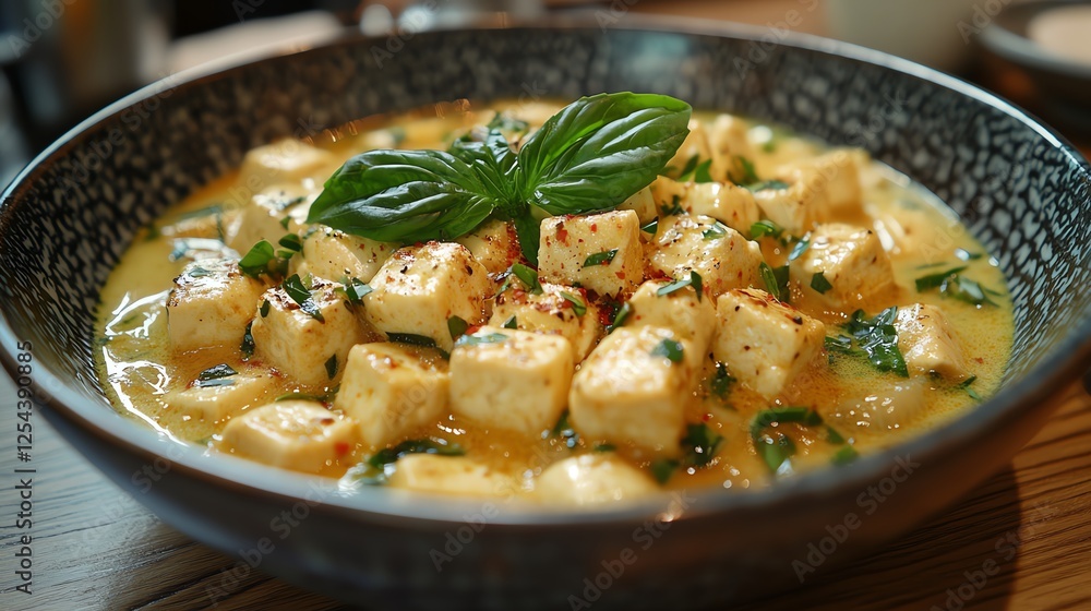 A bowl of delicious tofu dish garnished with fresh basil, showcasing a vibrant and flavorful meal that appeals to both vegetarians and food enthusiasts. A bowl of delicious tofu dish garnished with fresh basil, showcasing a vibrant and flavorful meal that appeals to both vegetarians and food enthusiasts.
