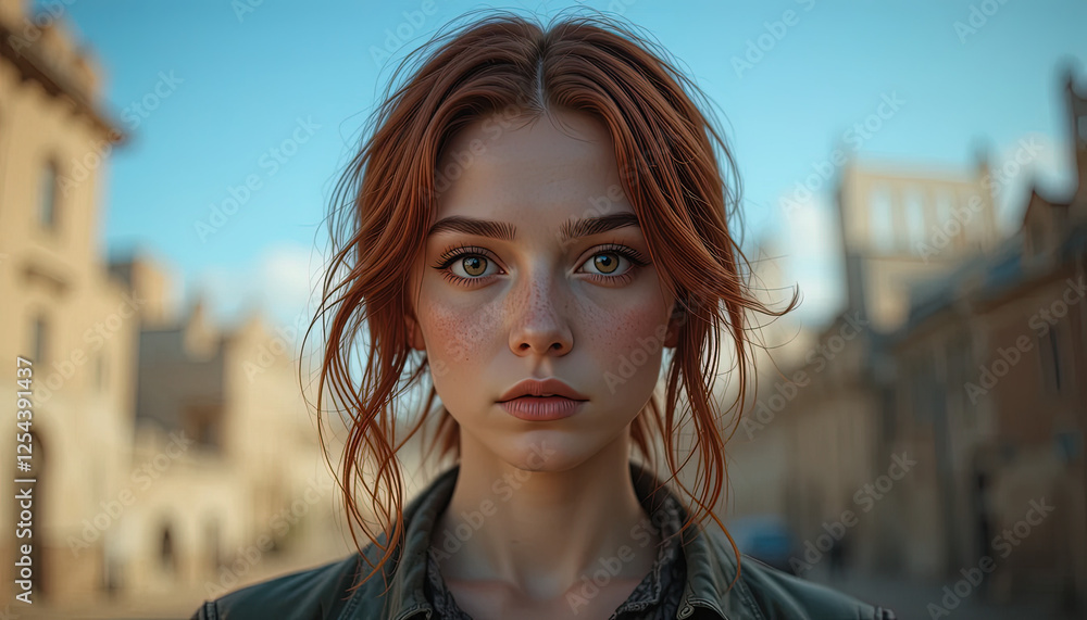Obraz premium Close-Up Portrait of a Fictional Person with Red Hair and Earnest Eyes