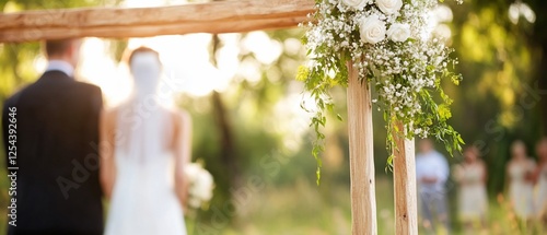 Outdoor wedding ceremony, couple in focus, guests blurred