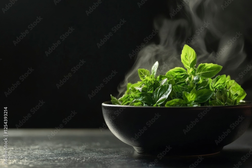 Fresh mint leaves steaming in a dark bowl, highlighting culinary freshness and aroma Fresh mint leaves steaming in a dark bowl, highlighting culinary freshness and aroma
