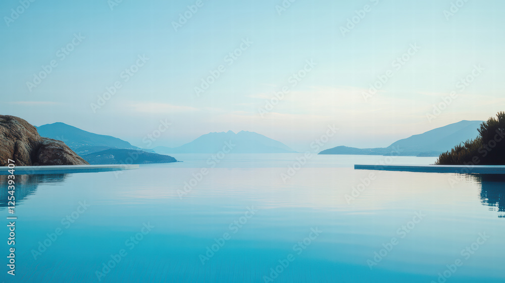 serene body of water reflects soft blue hues of sky, surrounded by distant mountains and rocky shores, creating tranquil atmosphere serene body of water reflects soft blue hues of sky, surrounded by distant mountains and rocky shores, creating tranquil atmosphere
