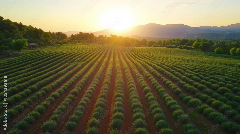 Sunset over lavender fields provence aerial photography rural landscape serene atmosphere Sunset over lavender fields provence aerial photography rural landscape serene atmosphere