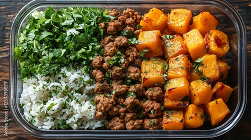 A colorful and healthy meal prep container featuring seasoned ground meat, roasted butternut squash, and fresh chopped herbs served with fluffy white rice.