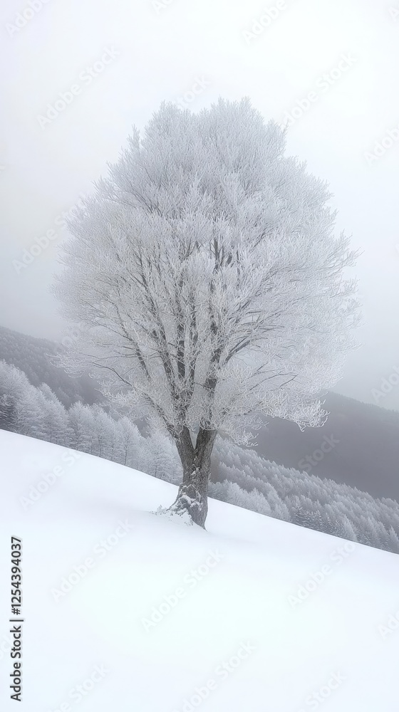 Obraz premium Frosty Tree On Snowy Hillside