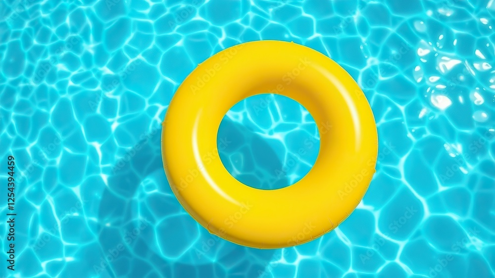 yellow swimming pool ring float isolated in blue water. concept summer background, top view with copyspace yellow swimming pool ring float isolated in blue water. concept summer background, top view with copyspace