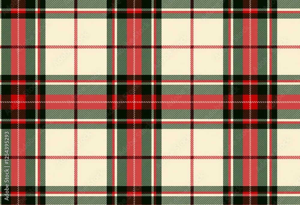 Fototapeta premium 居心地の良いヴィンテージクリスマス柄：クリーム色の背景に赤、緑、白のシームレスなパターン、ホリデープロジェクト用の手縫い風の素朴なカントリースタイルの布地