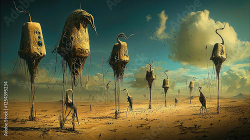 Surreal landscape featuring tall, organic structures resembling creatures in a desolate environment