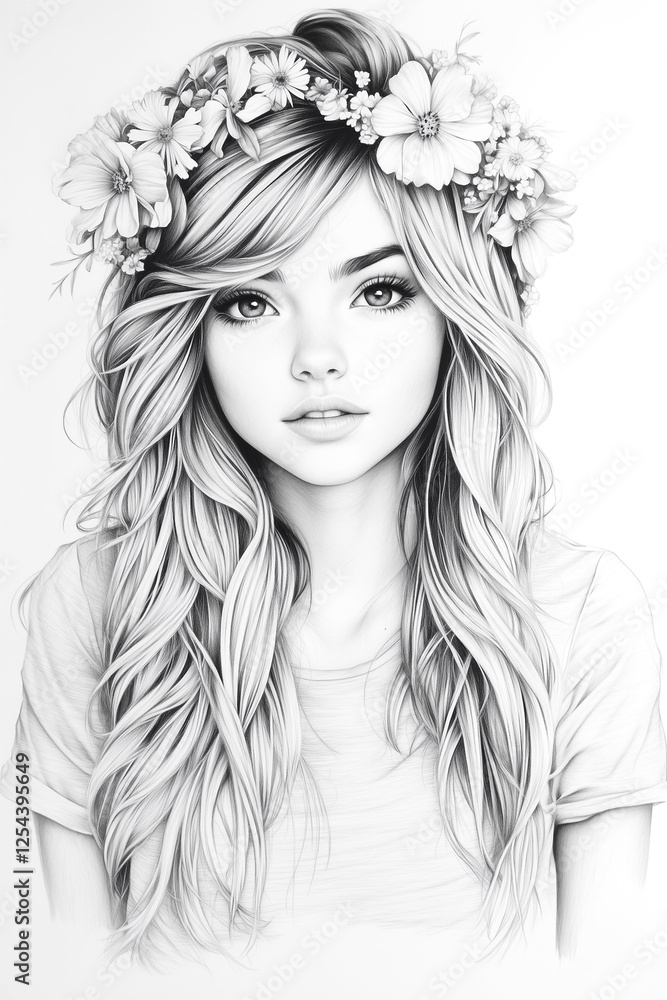 A woman with long blonde hair is wearing a flower crown. The image is a drawing of a woman with a flower crown on her head A woman with long blonde hair is wearing a flower crown. The image is a drawing of a woman with a flower crown on her head