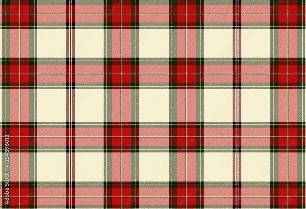 Fototapeta premium Charming Christmas Plaid: Seamless Red, Green, and White Pattern on Cream Background, Vintage Country Style Fabric with Hand-Stitched Detail for Holiday Crafts