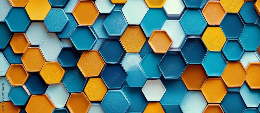Abstract hexagon pattern in blue, orange, and white. Abstract hexagon pattern in blue, orange, and white.