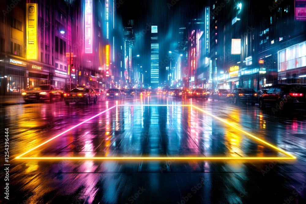 A neon sign lit up in the rain in a city. The neon sign is yellow and red A neon sign lit up in the rain in a city. The neon sign is yellow and red