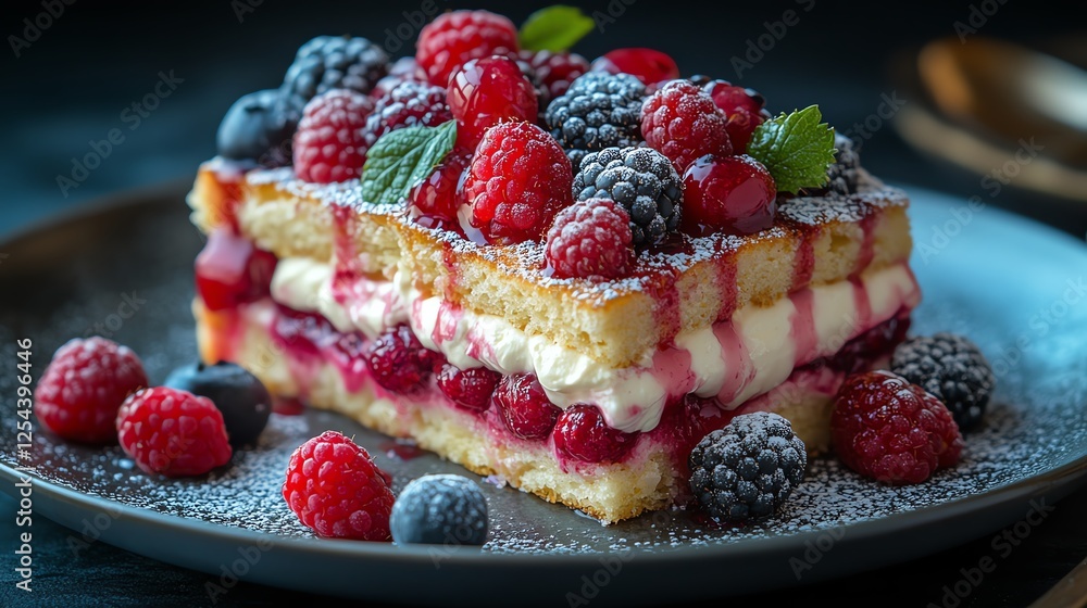 A delectable raspberry cake layered with fresh cream and adorned with plump berries, showcasing vibrant colors and tempting textures, perfect for dessert lovers and special occasio A delectable raspberry cake layered with fresh cream and adorned with plump berries, showcasing vibrant colors and tempting textures, perfect for dessert lovers and special occasio