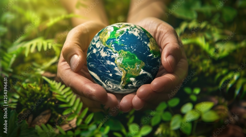 hands cradling a miniature globe amidst a backdrop of lush forests and clean waterways hands cradling a miniature globe amidst a backdrop of lush forests and clean waterways