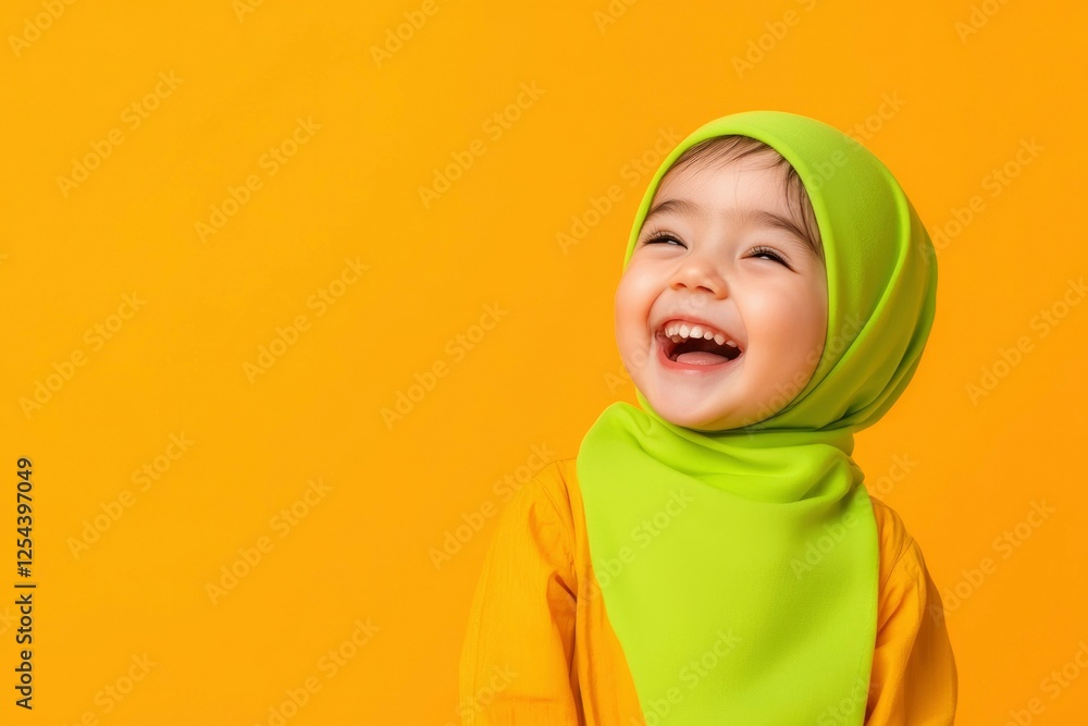 Cheerful young girl in vibrant green hijab laughing against a bright yellow background Cheerful young girl in vibrant green hijab laughing against a bright yellow background