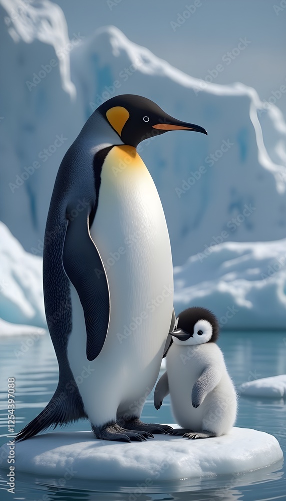 Naklejka premium A penguin with it's baby on an ice berg
