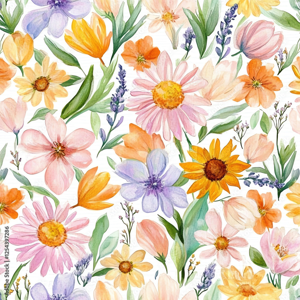A watercolor painting of a field of flowers with a variety of colors including p A watercolor painting of a field of flowers with a variety of colors including p