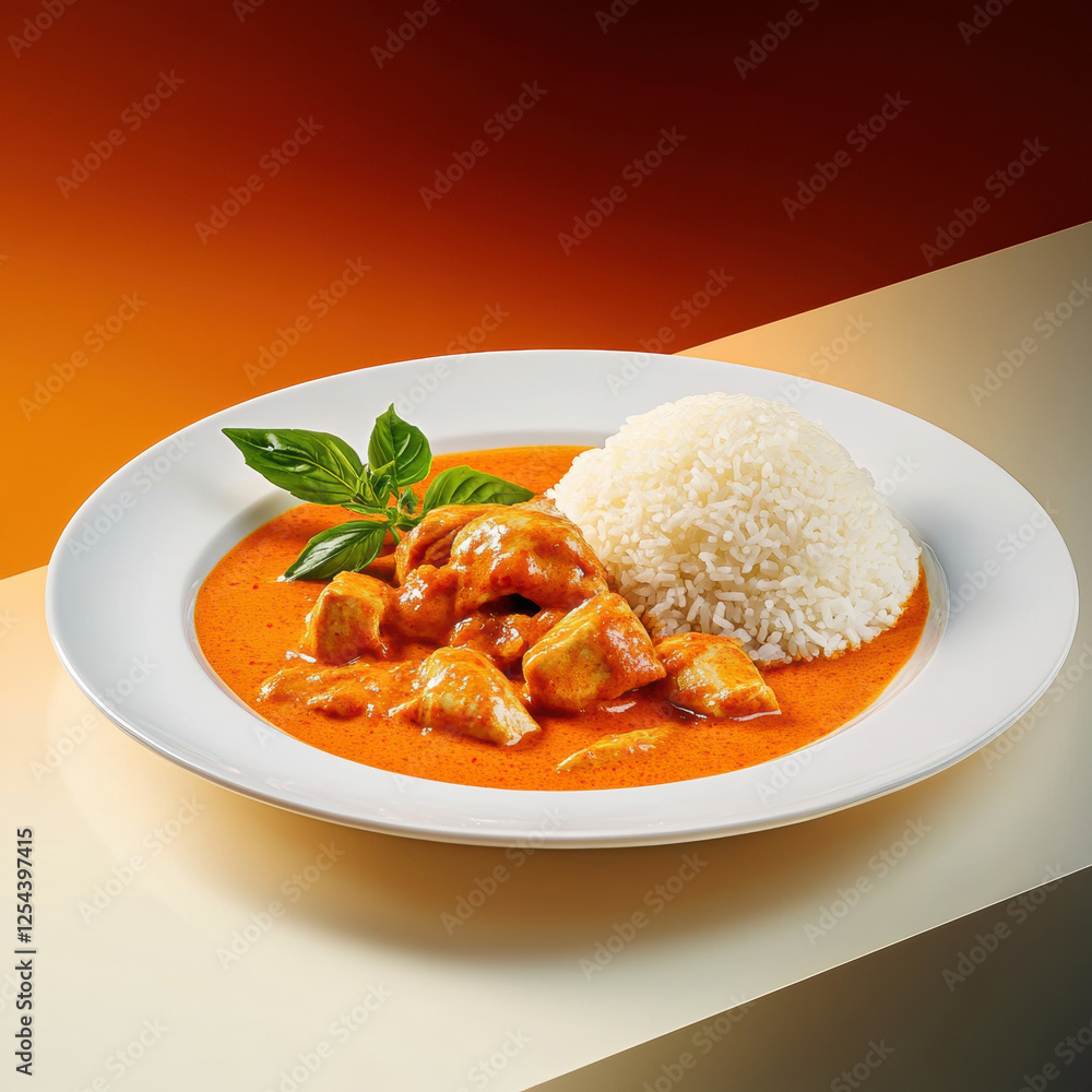 Delicious Thai chicken curry served with steamed rice, garnished with fresh basil, showcasing vibrant colors and appetizing presentation Delicious Thai chicken curry served with steamed rice, garnished with fresh basil, showcasing vibrant colors and appetizing presentation