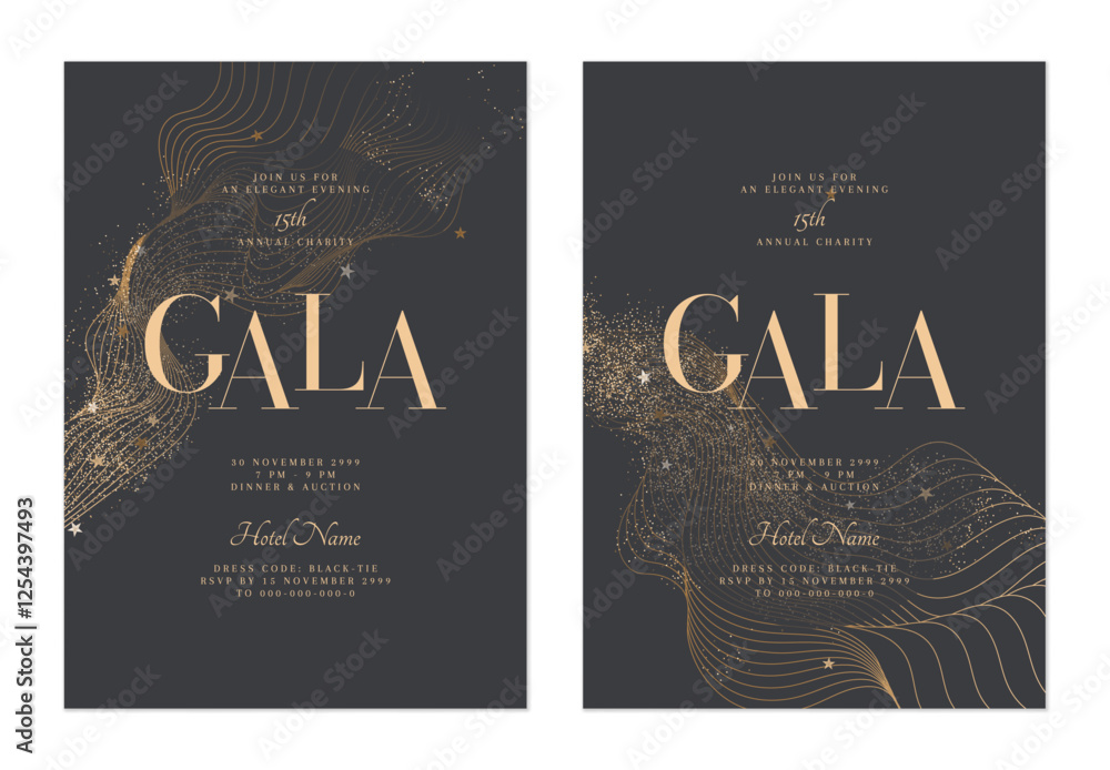 custom made wallpaper toronto digitalCharity gala dinner invitation features flowing, minimalist organic gold lines, glitter and stars on dark muted gray background, creating a sophisticated and elegant look