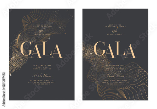 Charity gala dinner invitation features flowing, minimalist organic gold lines, glitter and stars on dark muted gray background, creating a sophisticated and elegant look