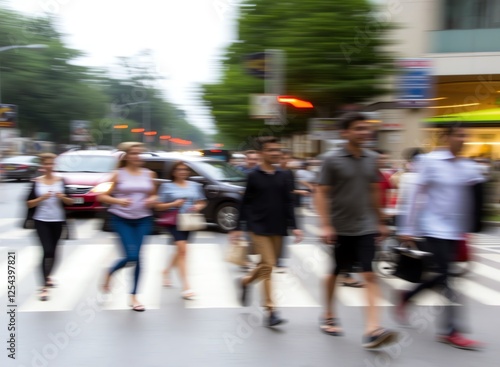 an image of a group of people walking across a street, there is a blurry image of a group of people crossing the street photo