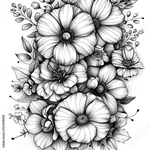 A black and white drawing of a bouquet of flowers. The flowers are arranged in a way that creates a sense of movement and depth