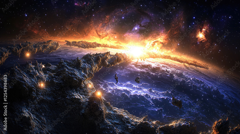 Fototapeta premium Stunning cosmic landscape showcasing a vibrant sunrise over a distant planet's horizon