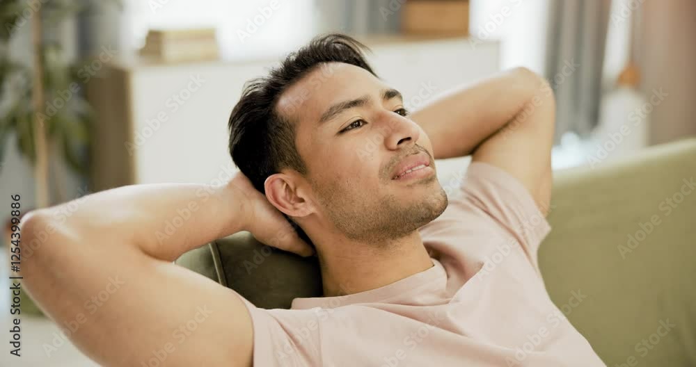 Thinking, stretching and asian man relax on a sofa with peace, stress relief or chilling at home. Resting, face Japanese male person in a living room with calm, me time or weekend freedom in a house Thinking, stretching and asian man relax on a sofa with peace, stress relief or chilling at home. Resting, face Japanese male person in a living room with calm, me time or weekend freedom in a house