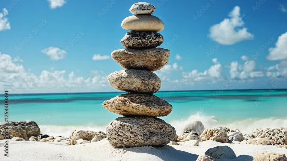 Zen by the Shore: A meticulously balanced stack of stones stands tall against the backdrop of a serene turquoise ocean and pristine white sand beach, evoking tranquility and a sense of balance. Zen by the Shore: A meticulously balanced stack of stones stands tall against the backdrop of a serene turquoise ocean and pristine white sand beach, evoking tranquility and a sense of balance.