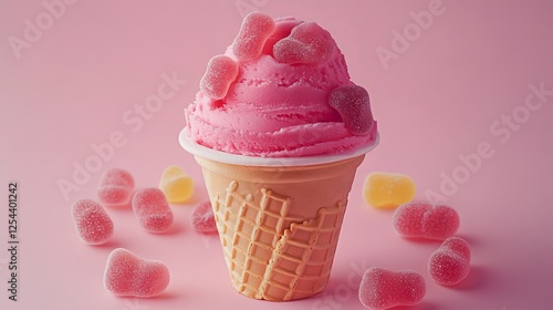 Deliciously Sweet Pink Ice Cream Cone Topped with Fresh Juicy Strawberry Standing Brightly Against a Soft Background Evoking a Sense of Summer Joy and Indulgent Treats for All Ages photo