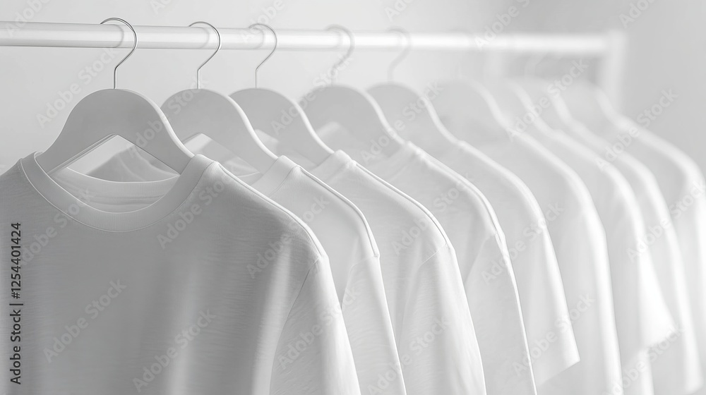 Fototapeta premium Elegant Display of Crisp White Shirts Hanging on a Stylish Rack Under Soft Lighting Creating a Fresh and Inviting Atmosphere Perfect for Fashion Retail and Wardrobe Organization Ideas