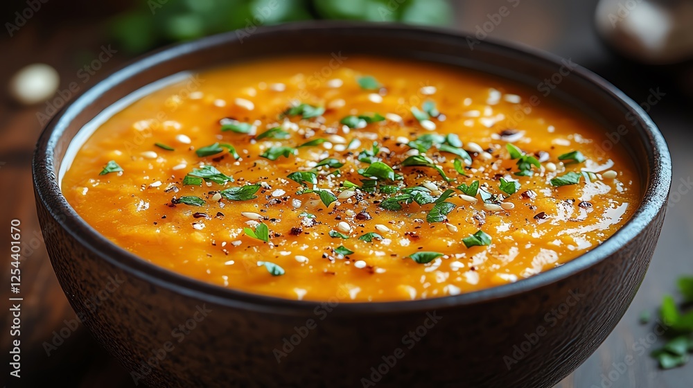 A delicious bowl of creamy soup topped with fresh herbs, showcasing vibrant colors and enticing aromas. Perfect for comforting meals or food photography, highlighting culinary art. A delicious bowl of creamy soup topped with fresh herbs, showcasing vibrant colors and enticing aromas. Perfect for comforting meals or food photography, highlighting culinary art.