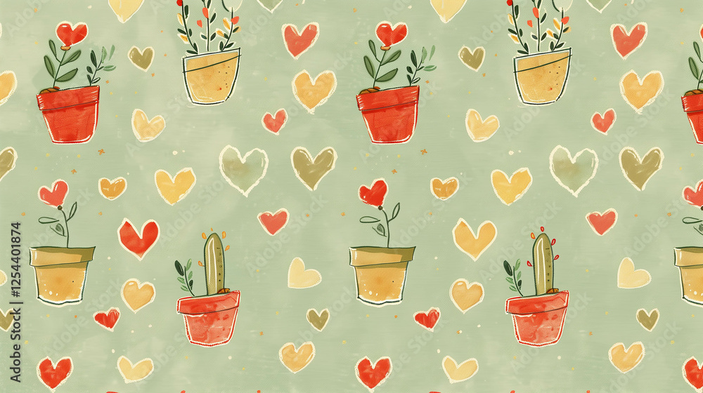 Pattern of Cactus Plants and Flowers in Decorative Pots on Cream Background Pattern of Cactus Plants and Flowers in Decorative Pots on Cream Background