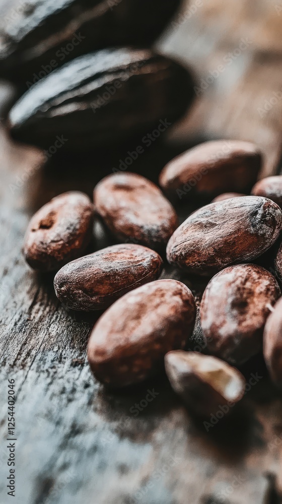 Cacao beans arranged on a rustic wooden table, with cacao pods adding to the natural vibe Cacao beans arranged on a rustic wooden table, with cacao pods adding to the natural vibe
