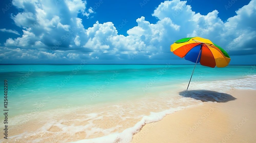 Colorful Beach Umbrella Under Summer Sky Colorful Beach Umbrella Under Summer Sky