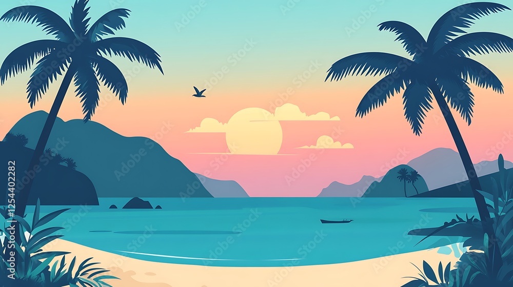 Fototapeta premium Serene Sunset Tropical Beach Scene With Palm Trees