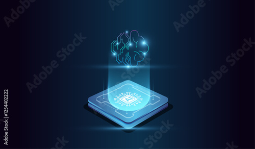 Artificial intelligence brain of digital system at the center represents computational power, and glowing from microchip.