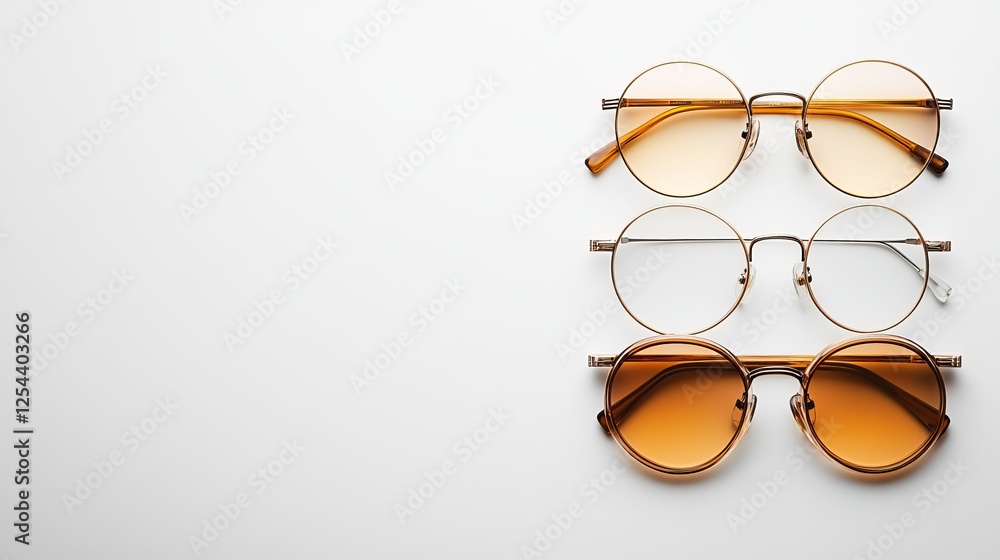 Three Stylish Pairs of Sunglasses Arranged Neatly on a Bright White Background Showcasing Different Designs and Shapes Ideal for Summer Fashion and Sun Protection Accessories