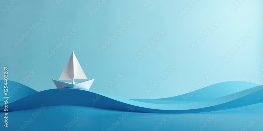 Fototapeta premium A Small Paper Boat Navigates Gentle Blue Waves on a Serene Background
