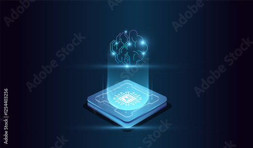 Artificial intelligence brain of digital system at the center represents computational power, and glowing from microchip.
